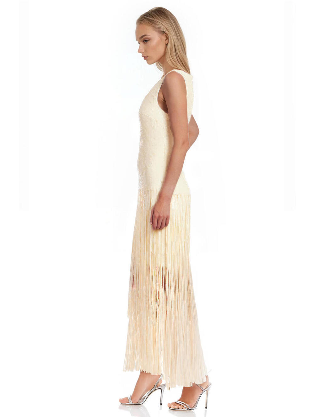 Badgley Mischka Emilia Tiered Sequin Fringe V-Neck Dress Butter Yellow * 4 Party - Picture 5 of 8